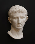 photo of white plaster cast sculpture of front half of head and neck of a male, namely Augustus Caesar, on black background