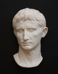 photo of white plaster cast sculpture of front half of head and neck of a male, namely Augustus Caesar, on black background