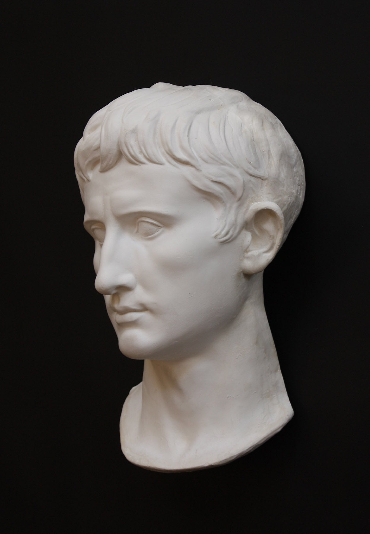 photo of white plaster cast sculpture of front half of head and neck of a male, namely Augustus Caesar, on black background