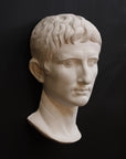 photo of white plaster cast sculpture of front half of head and neck of a male, namely Augustus Caesar, on black background