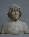 photo of plaster cast bust of man with high-neck shirt and shoulder-length hair with gray background