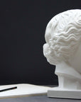 photo of plaster cast of sculpture of an Amazon head- female with pulled-back wavy hair on dark gray surface with sketchbook and pencil beside it