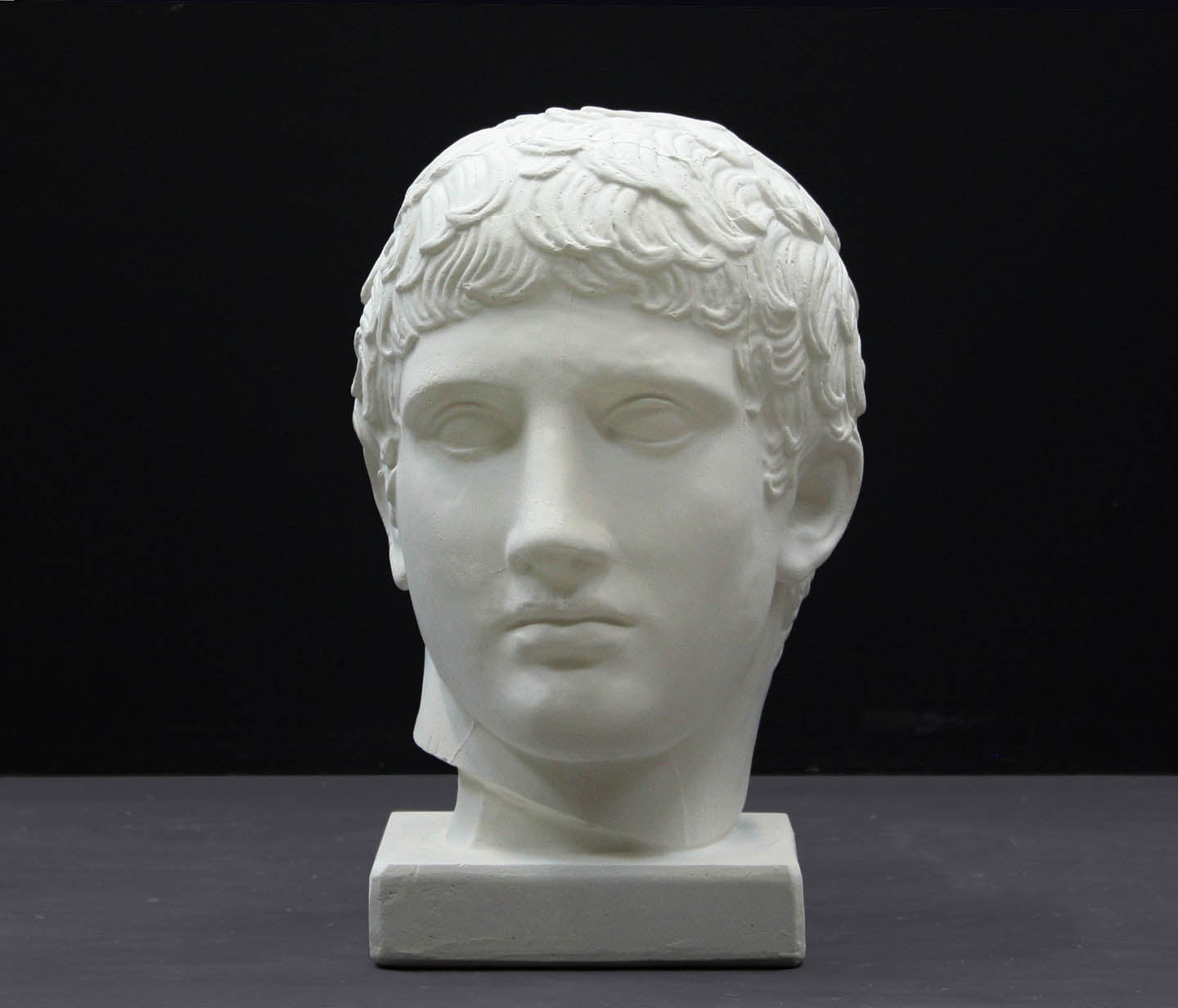 photo of plaster cast of sculpture of male head with flat, curly hair on dark gray background