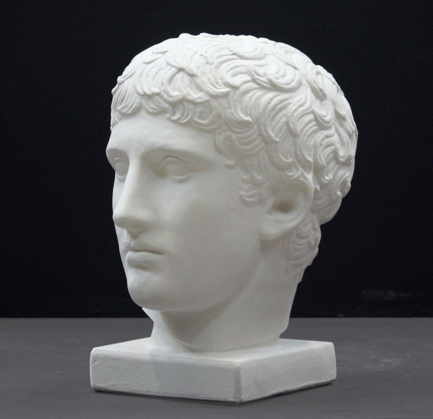 photo of plaster cast of sculpture of male head with flat, curly hair on dark gray background