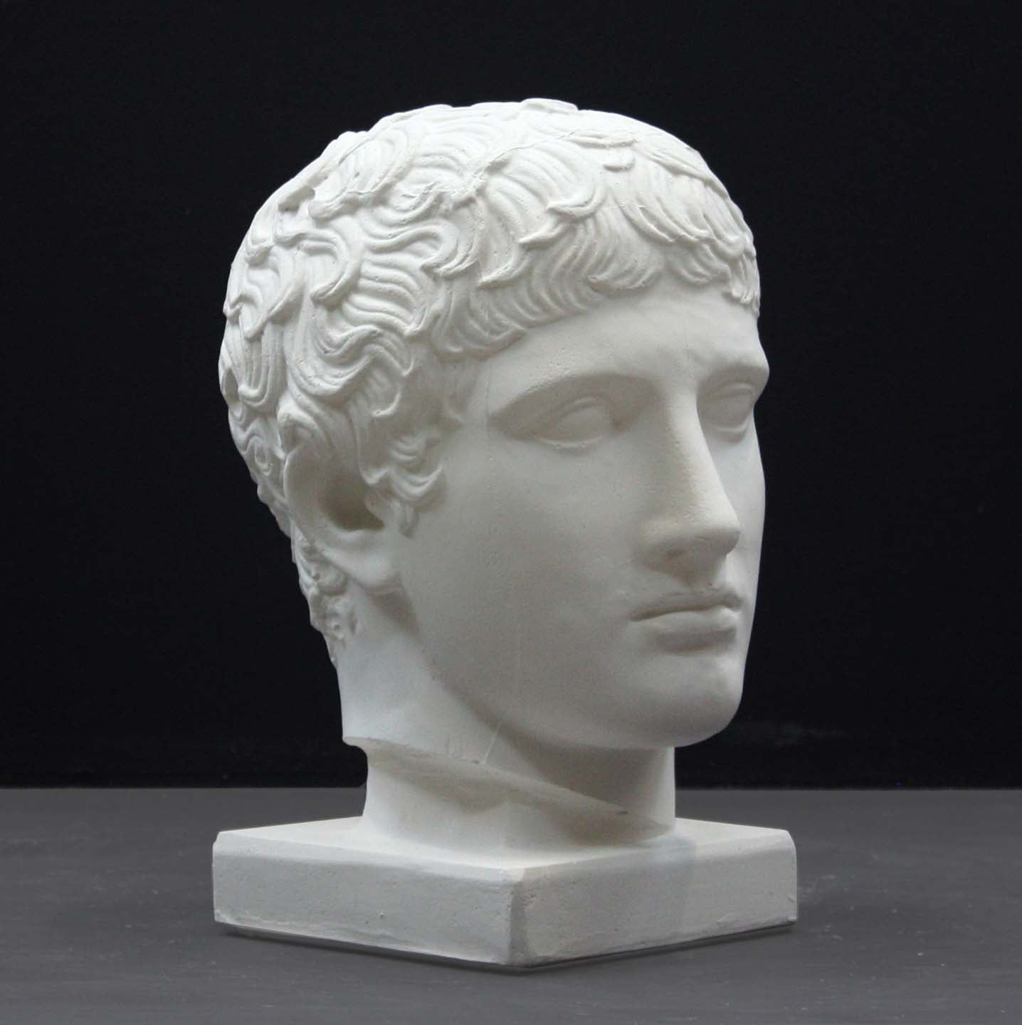 photo of plaster cast of sculpture of male head with flat, curly hair on dark gray background