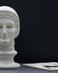 photo of plaster cast sculpture of archaic Greek male head with hair in fillet and ringlets on dark gray surface with sketchbook and pencil beside it