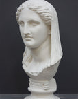 photo of white plaster cast of ancient sculpture of female head with curls and wrap, namely Demeter, on socle base on dark gray background