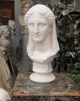 photo of white plaster cast of ancient sculpture of female head with curls and wrap, namely Demeter, on socle base on wood table with greenery and sculptures behind