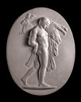 Image of a small plaster plaque of Hercules carrying a boar on a black background