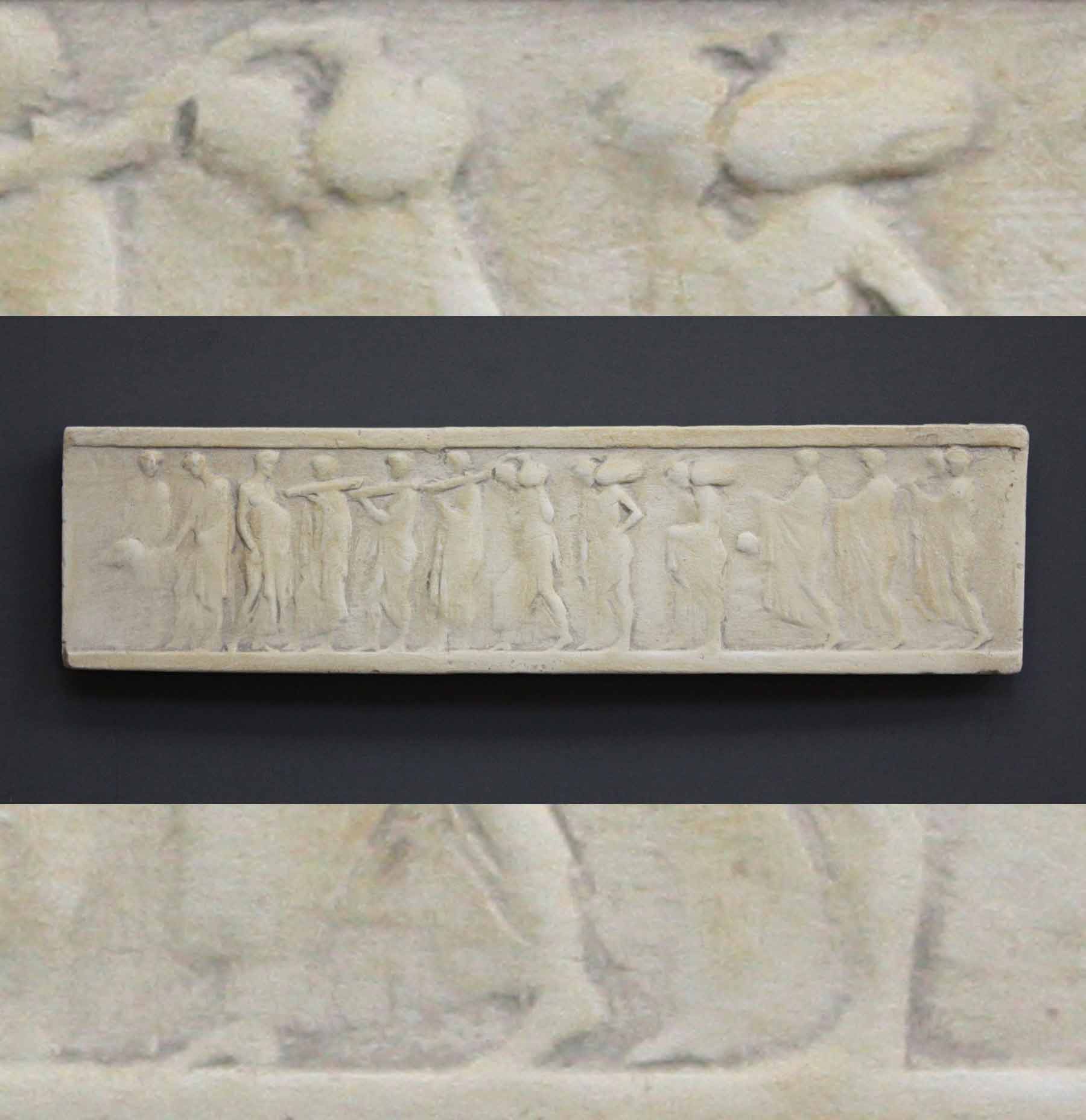 photo of plaster cast of small ancient relief with figures with a background of the same image zoomed-in