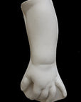 photo of white plaster cast sculpture of baby lower arm against black background