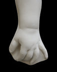 photo of white plaster cast sculpture of baby lower arm against black background