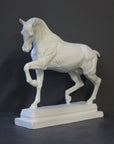 photo of white plaster cast sculpture of horse ecorche on gray background