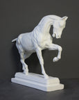 photo of white plaster cast sculpture of horse ecorche on gray background