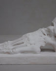 photo with gray background of plaster cast sculpture of flayed left foot on a rectangular base