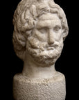 Photo with black background of plaster cast sculpture of male bust, namely the god Zeus, with curly hair and beard