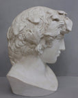 photo with gray background of plaster cast of male bust of Antinous with crown of leaves