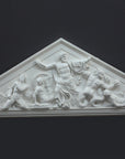 photo of white triangular plaster cast sculpture relief of the god Zeus in the center and the Giants around him on a gray background