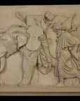 Photo of plaster cast of The Triumphal Entry of Alexander into Babylon, figures with elephant, on a black background