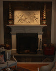 photo of plaster cast relief of men, some with armor, horses, and a dog over a fireplace with a stone wall