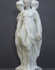 photo of white plaster cast sculpture of three robed females standing in a circle with their backs to each other against a gray background