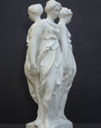 photo of white plaster cast sculpture of three robed females standing in a circle with their backs to each other against a gray background