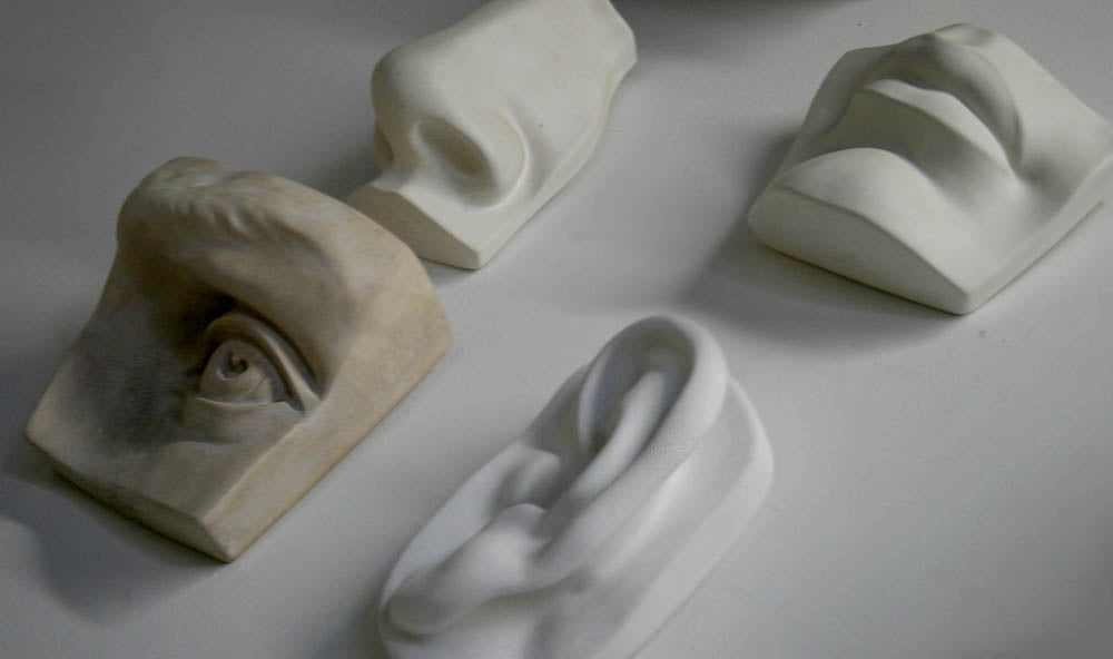 Photo of four plaster casts of nose, left eye, mouth, and left ear from Michelangelo&#39;s David statue from a sideways angle  on a white background