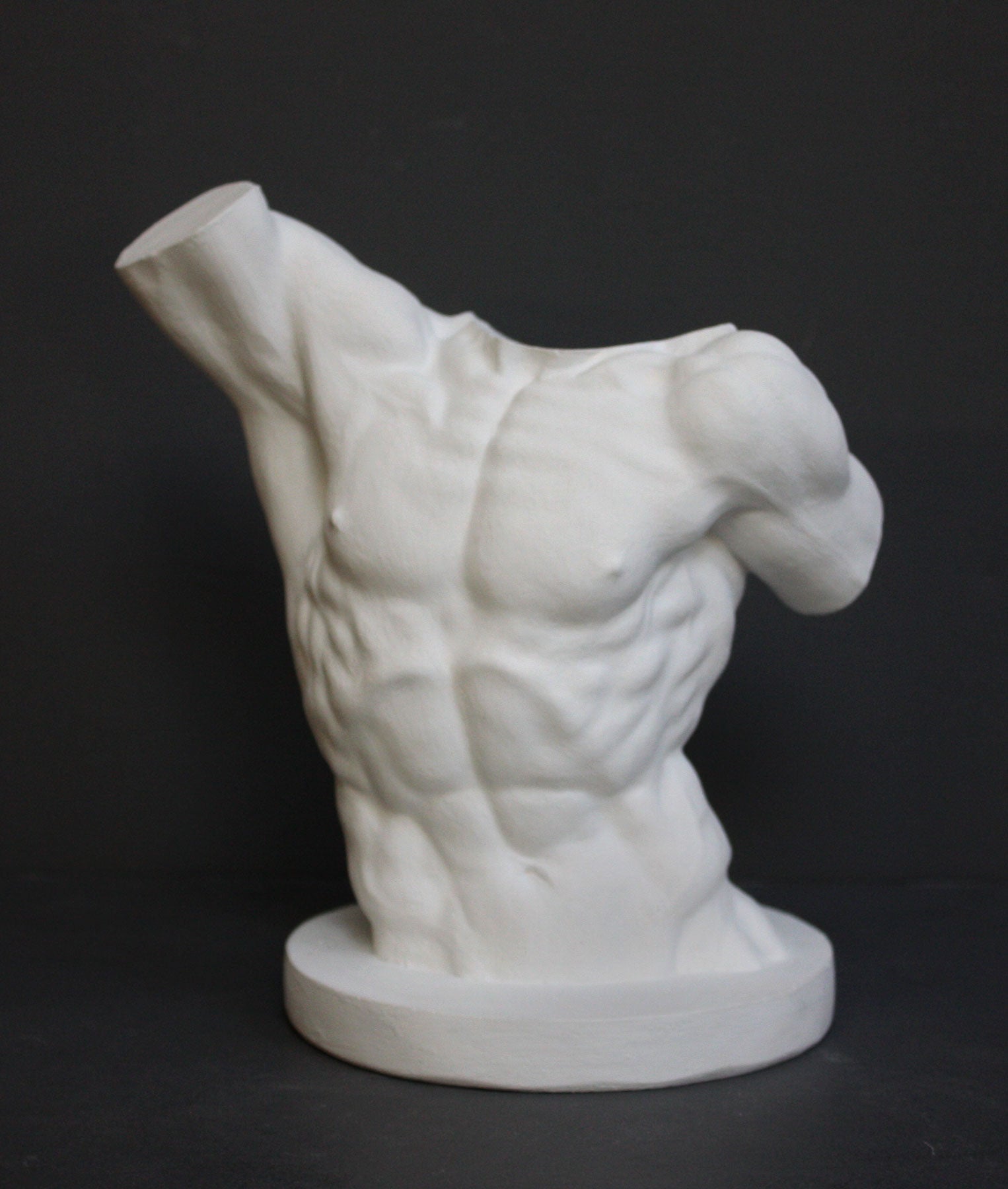 photo with gray background of plaster cast sculpture of male torso, namely Laocoon